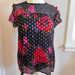 Anthropologie Black Sheer Blouse with Red and Pink Floral Design